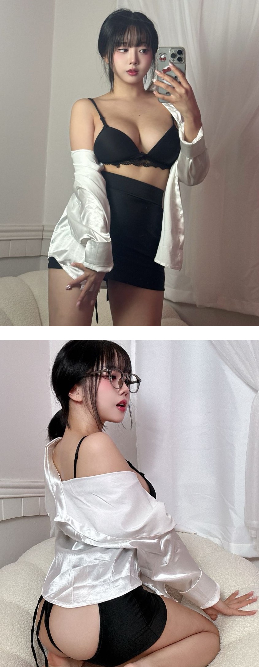 오피스룩 흰 셔츠 벗고 검정 브라 가슴골 T백 엉태 정다별이
