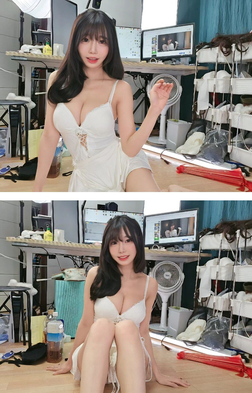 방송방에서 찍은 수련수련 몸스타 화이트 란제리 가슴골