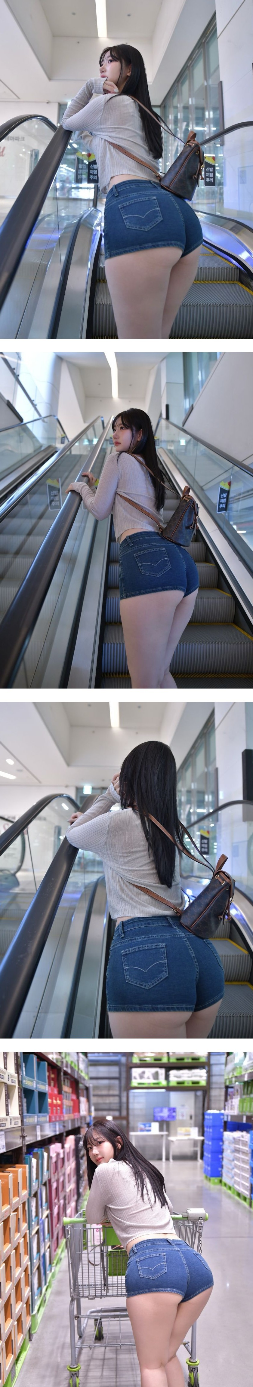 에스컬레이터 타고 올라가는 신나린 청핫팬츠 환상적인 엉덩이