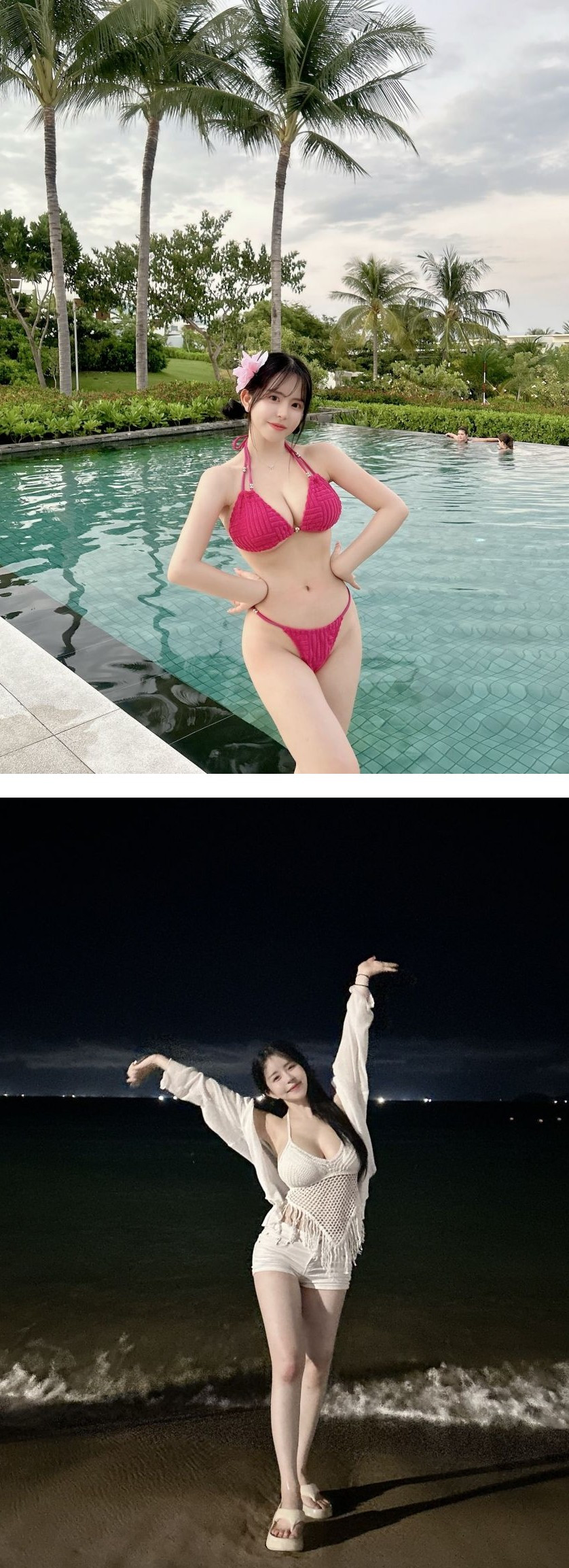 해외 수영장의 민가유 핑크 끈비키니 가슴골 하이레그 Y존