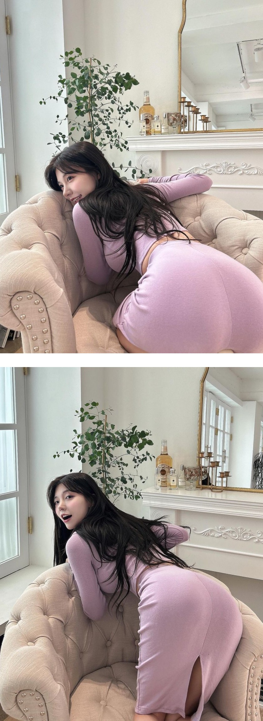 뒤가 갈라진 핑크 정장치마 쏘블리 자세가 ㅗㅜㅑ