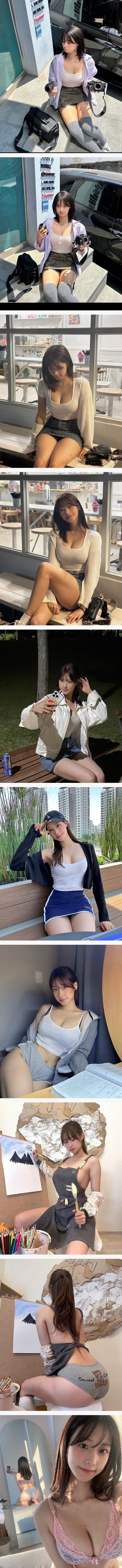 청미니 입고 벤치에 앉은 명아츄 회색팬티 야벅지 노출