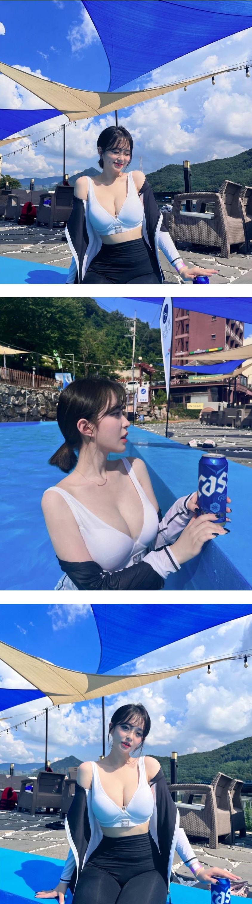 화이트 아디다스 브라 차고 수영장에 들어간 김빵귤 - 인스타