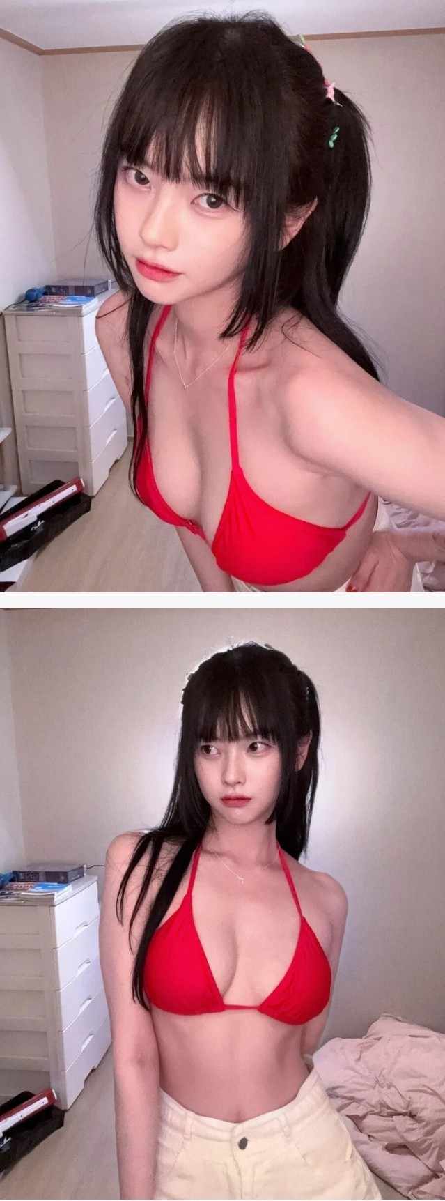 방안에서 빨간 끈비키니 입은 고말숙 은근히 묵직하네요