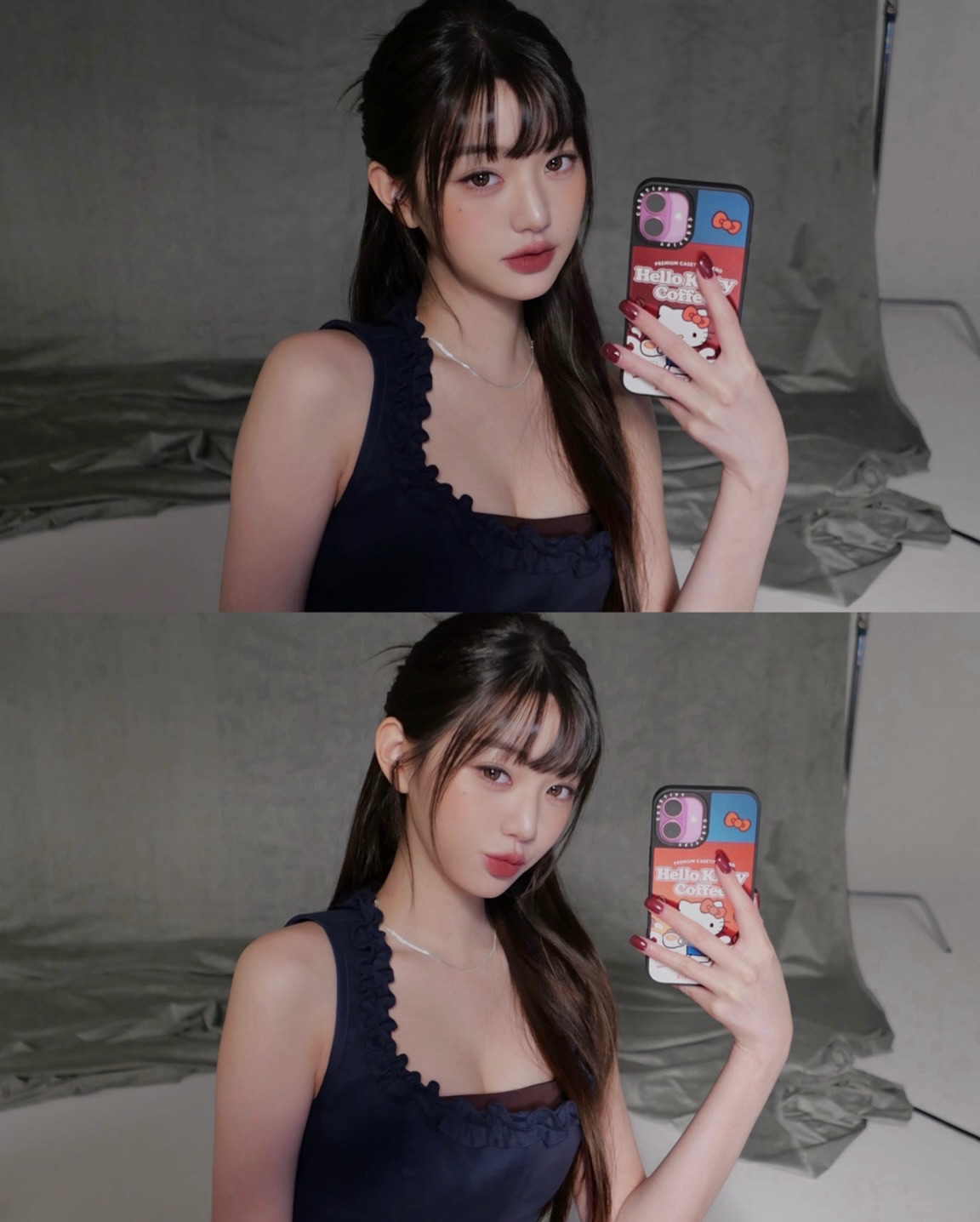 장원영 인스타 남색 프릴 민소매 은근한 윗슴골 미친 미모