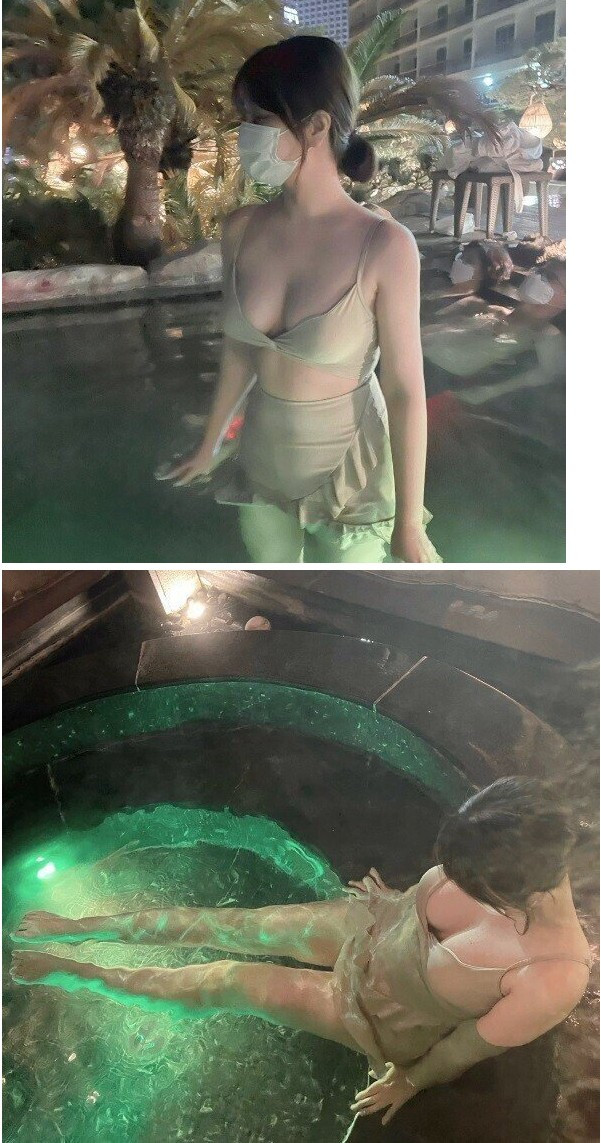 알고보면 힘숨찐이라는 아구이뽀 연두색 끈비키니 가슴골