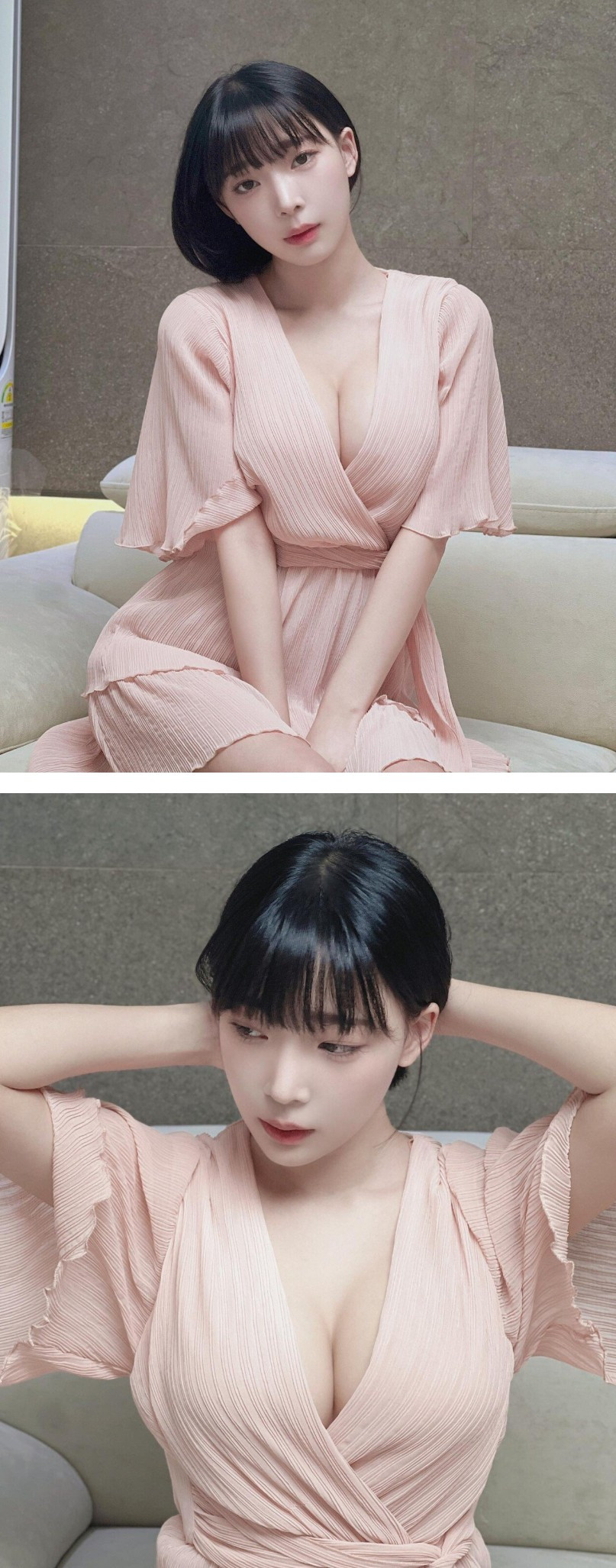 여자여자한 핑크색 원피스 아찔한 가슴골 강인경