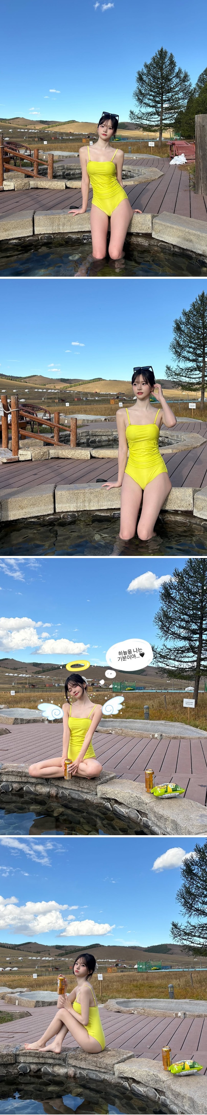 몽골에 있는 박민정 물에 젖은 노란 수영복 몸매 굴곡