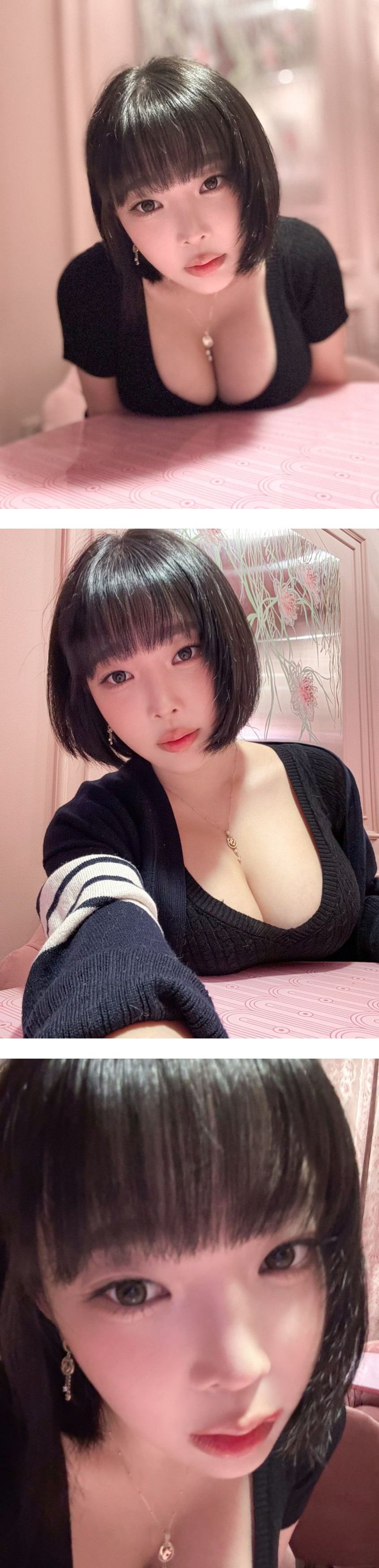 검정 골지 미시룩 가슴골 테이블에 얹어놓은 강인경