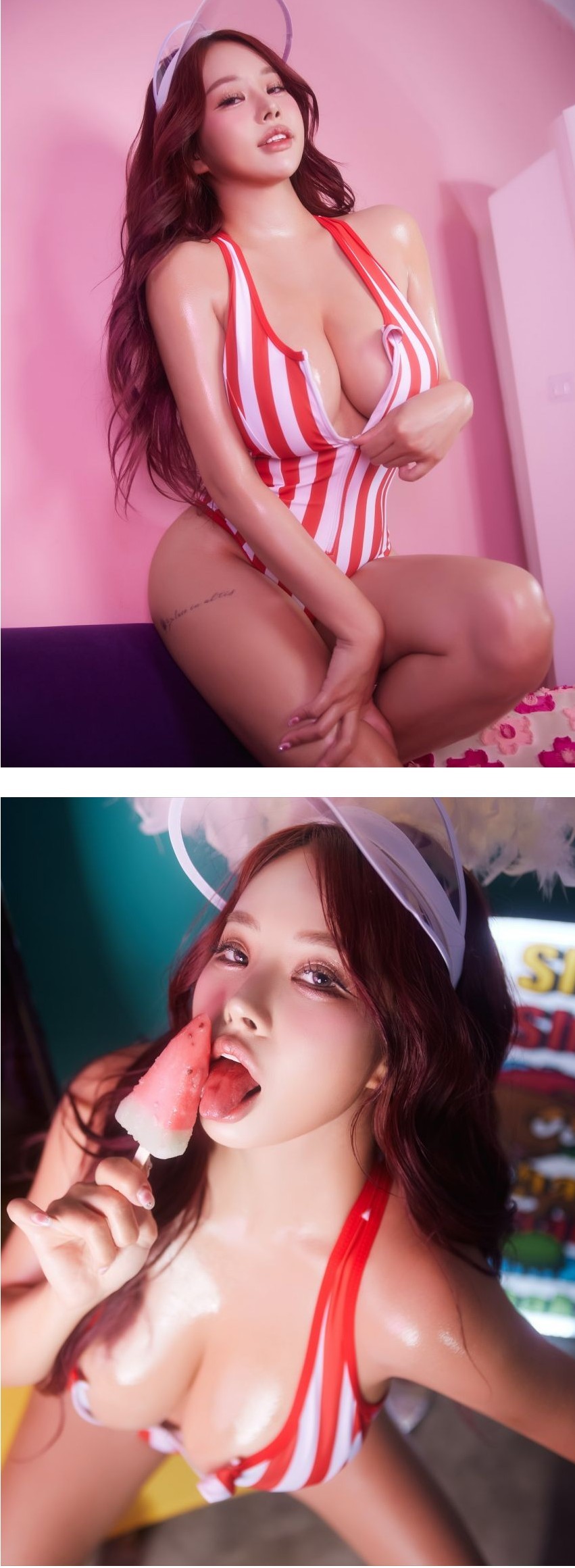 '핵무기좌' 바비앙 섹시 알바녀 컨셉 빨간 줄무늬 수영복 수박