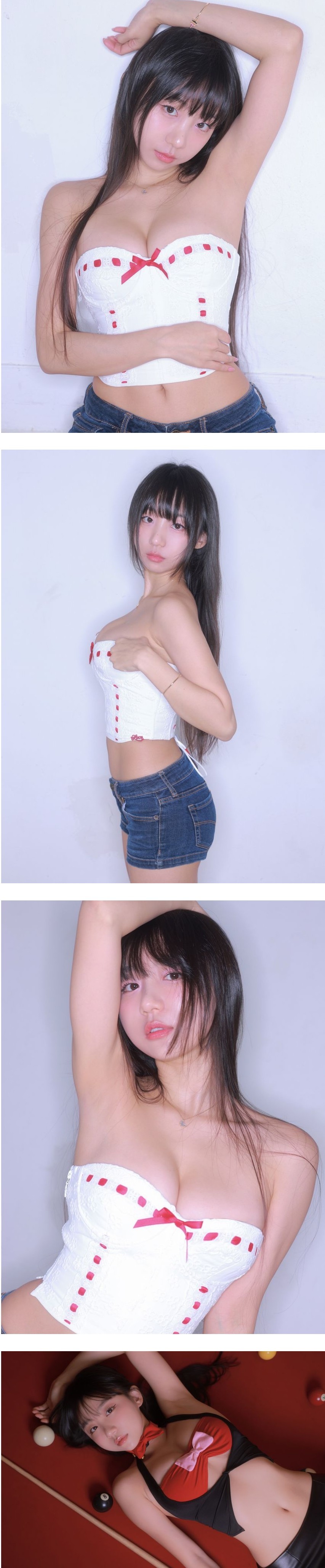 빨간 리본 달린 흰 란제리 튜브탑 베이글 가슴골 표은지