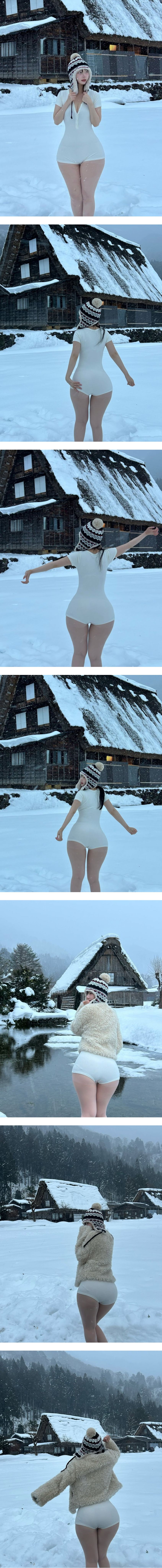 눈밭에서 얇은 화이트 바디슈트 하나 걸친 신나린 왕골반 빵디