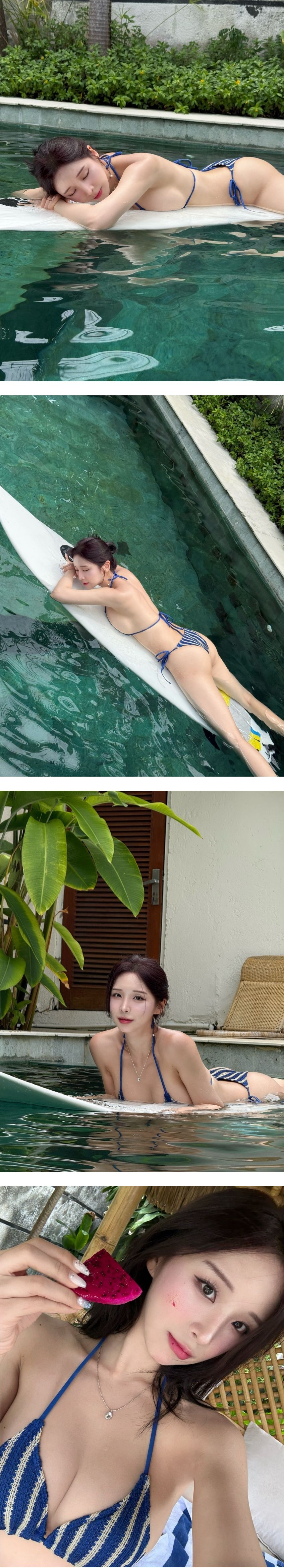 서핑보드 위에 엎드린 꽃빵 파란 끈비키니 눌린 옆슴 엉덩이태