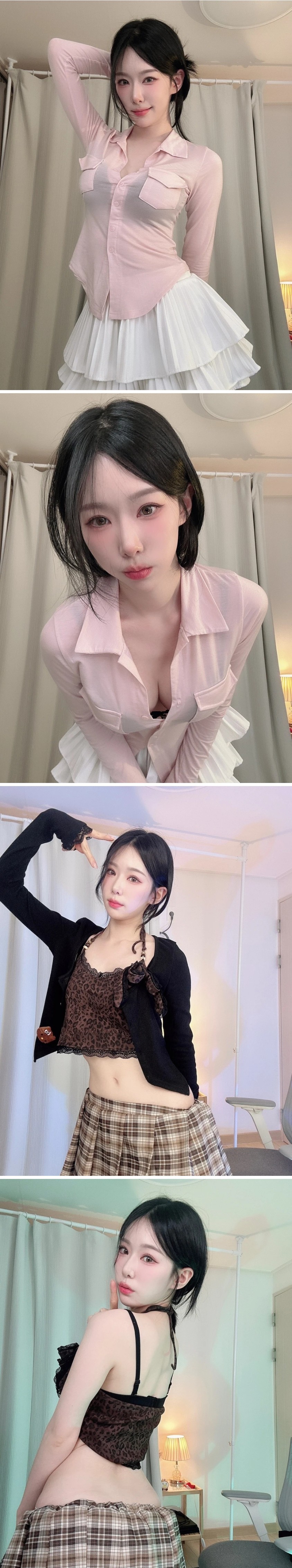 검정 브라 비치는 핑크 셔츠 숙이는 기래민 알가슴골 노출